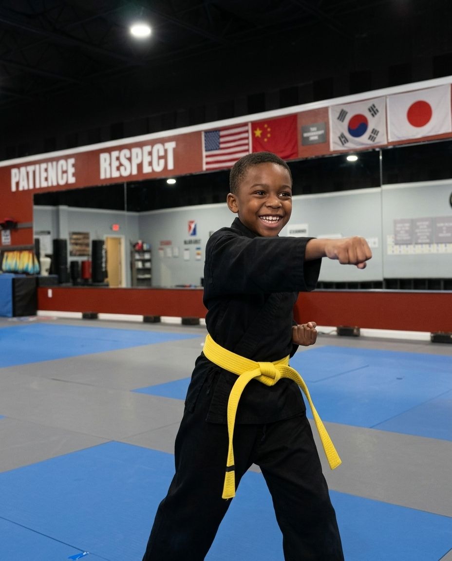 Child in a black martial arts uniform with a yellow belt, striking a punch in a dojo with flags on the wall.