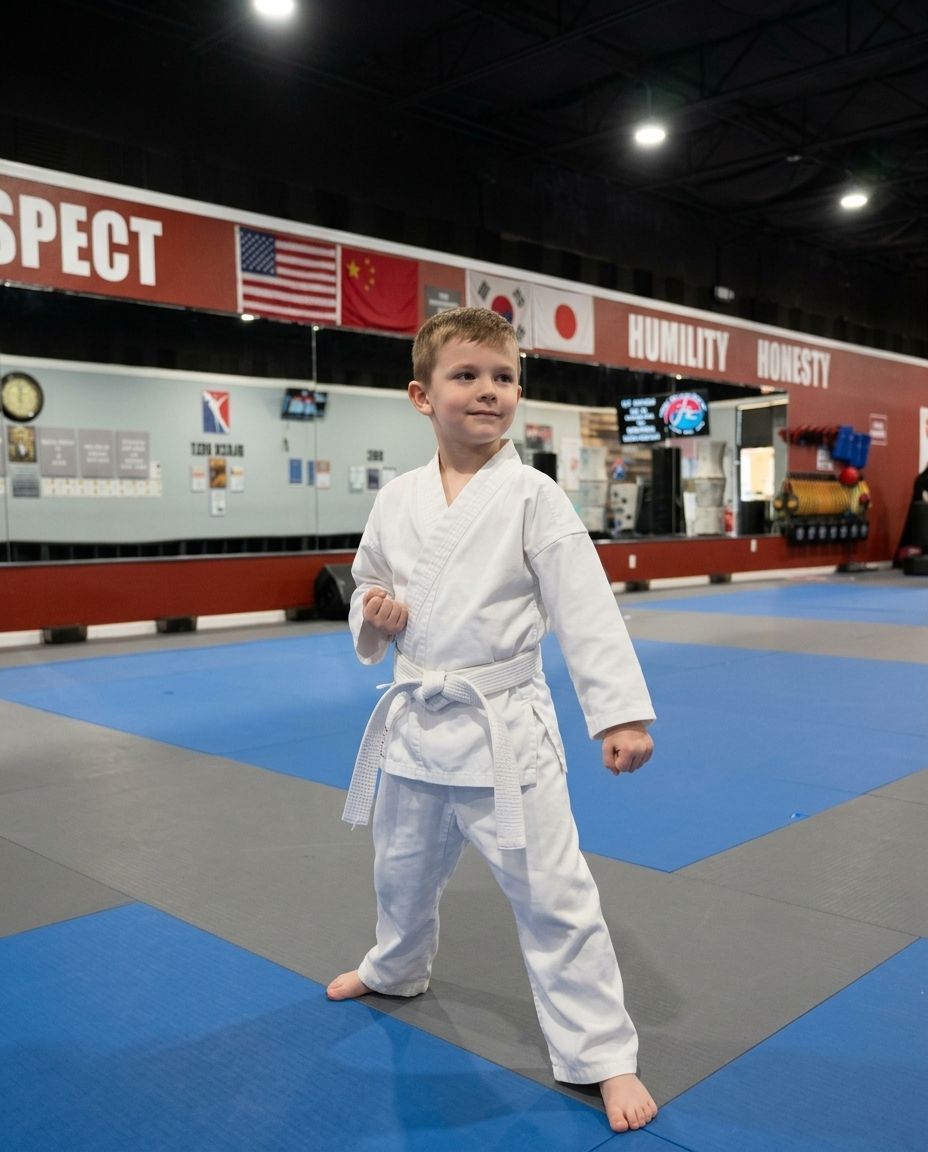 Martial arts group posing on blue mats in a dojo, wearing white and black uniforms with flags on the wall behind them