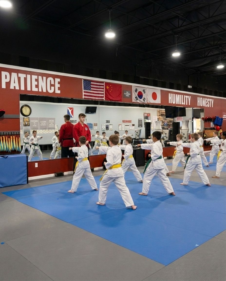 Children practicing martial arts on a blue mat in a studio with flags and motivational banners.