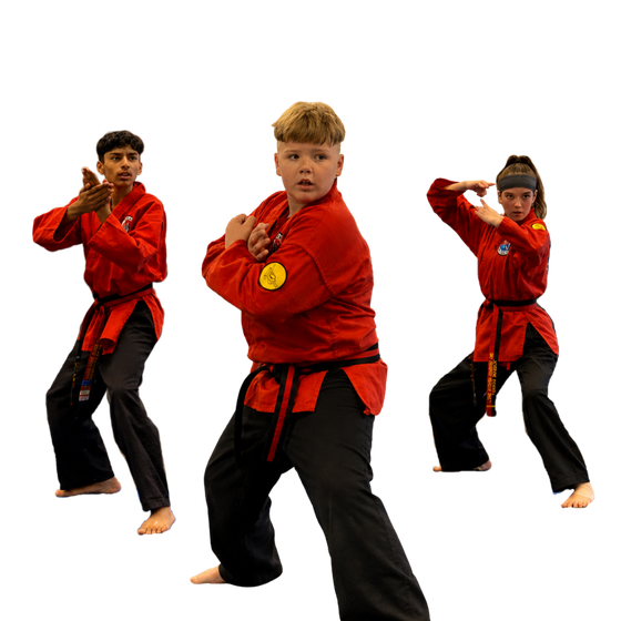 a group of children are practicing martial arts together .