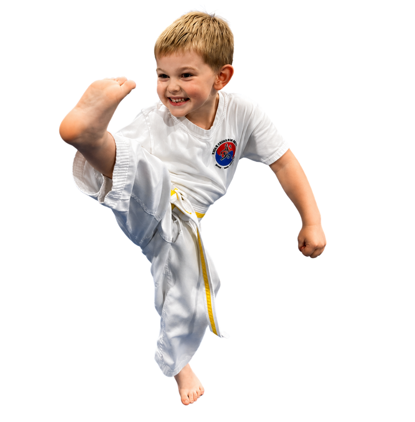 A boy and a girl are practicing karate together.