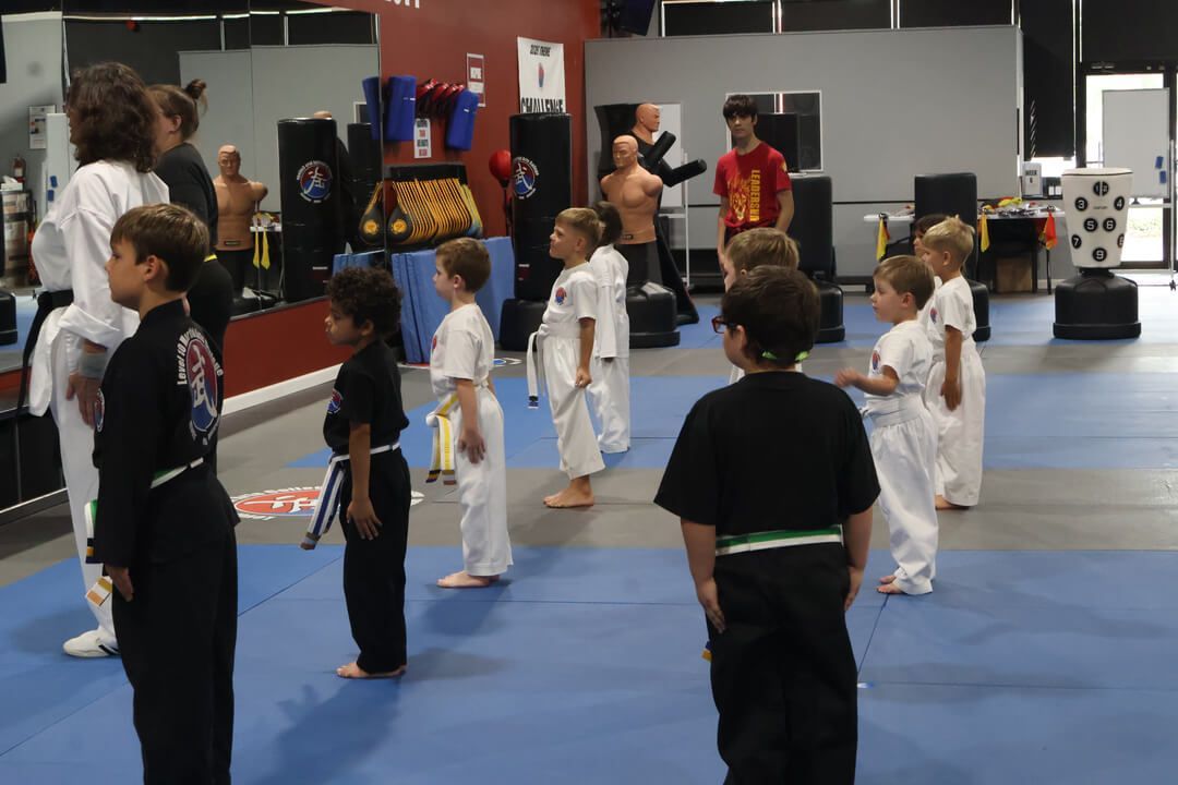 Mrs. T leading a group of preschool kids at Level 10 Martial Arts College in Palm Harbor