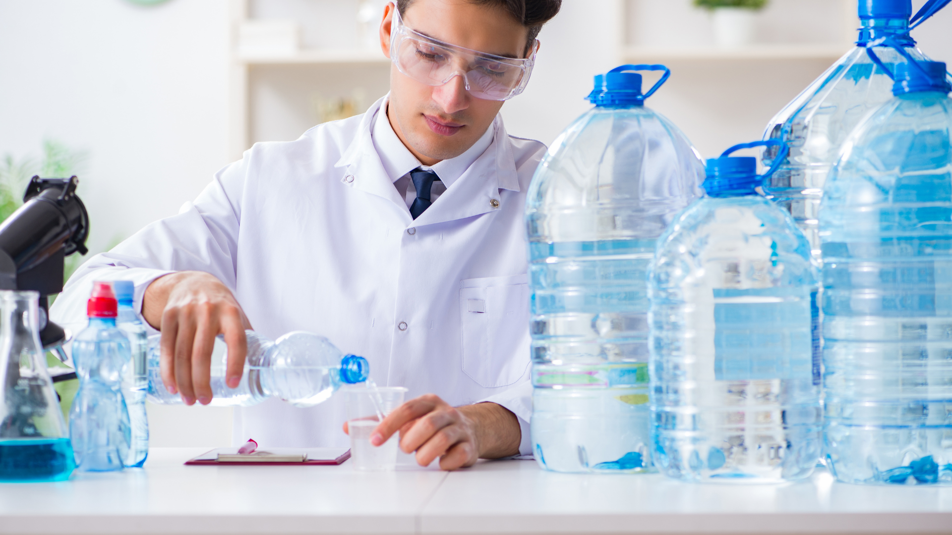 A scientist is sitting at a table with bottles of water.