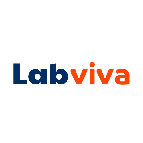 O logotipo do laboratório viva é azul e laranja em um fundo branco.