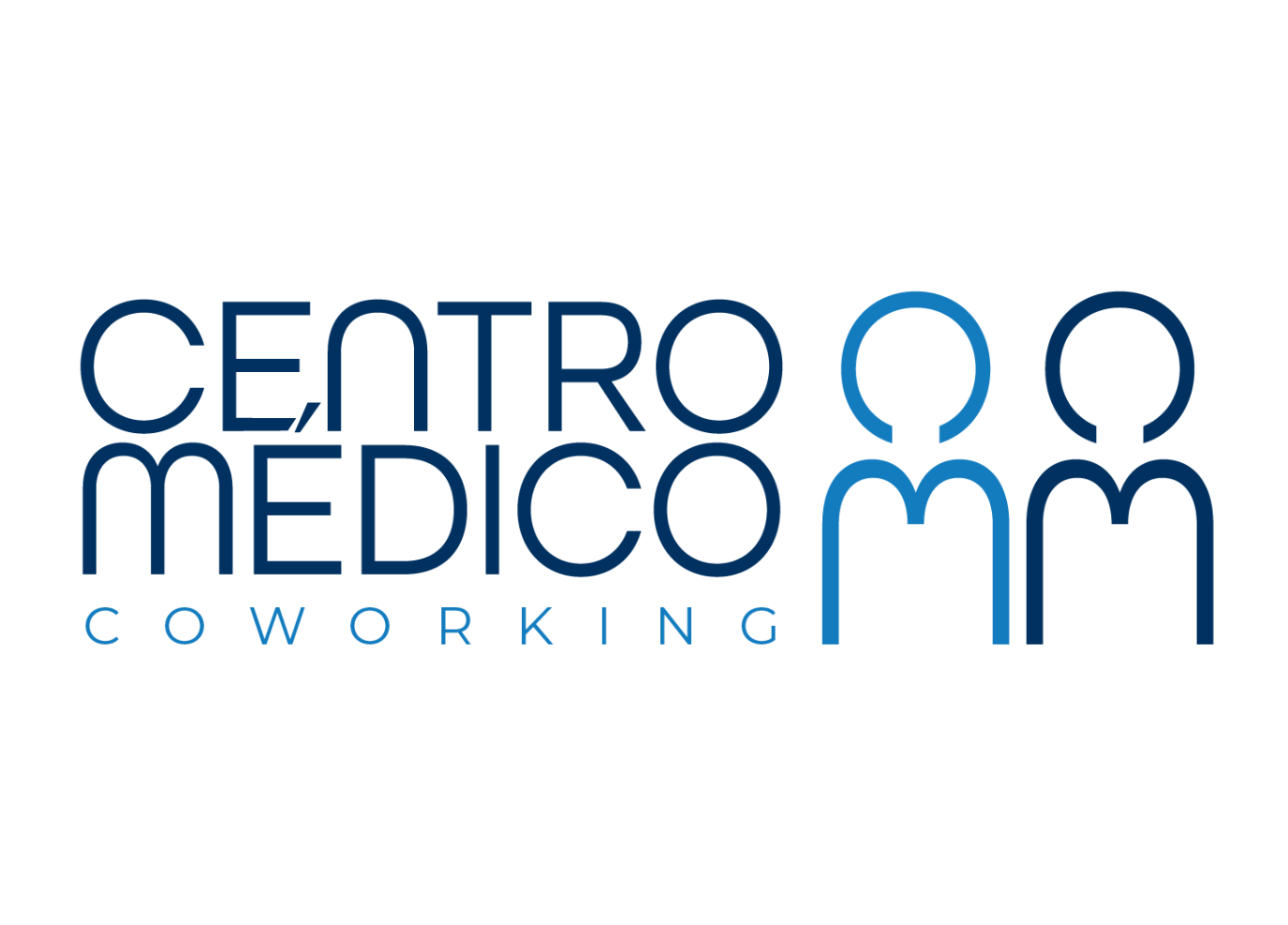 O logotipo do centro medico coworking é azul e branco