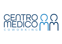 O logotipo do centro medico coworking é azul e branco