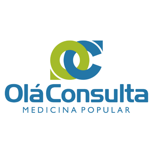 A blue and green logo for ola consulta medicina popular