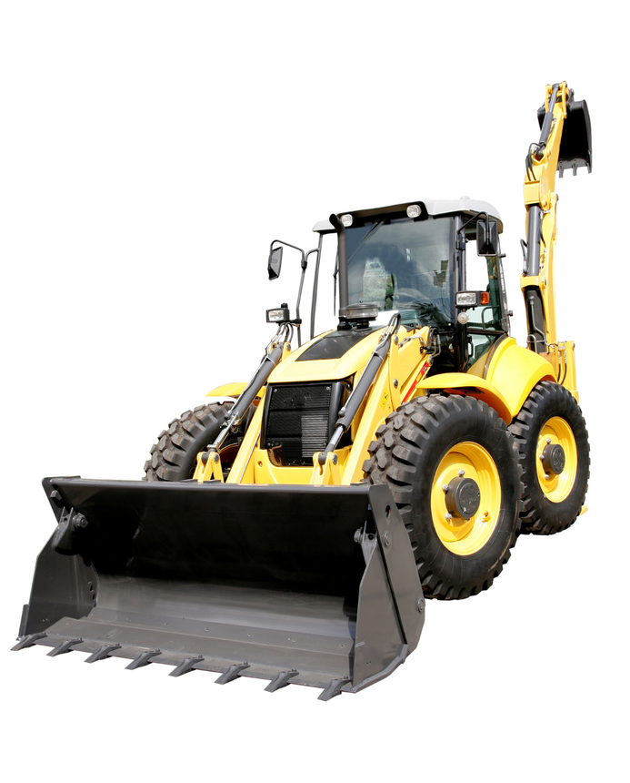 A yellow bulldozer with a large bucket on a white background.