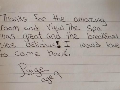 A note from paige says thanks for the amazing room and view the spa was great.