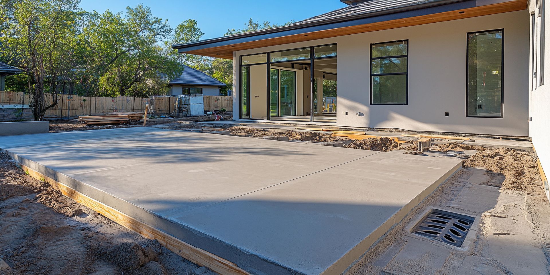 New concrete patio installation in sunny outdoor space.