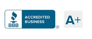 A blue and white badge that says accredited business a+