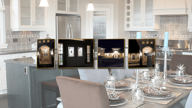 A kitchen and dining room with a table and chairs