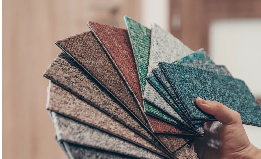 Eine Person hält einen Fächer mit Teppichmustern in der Hand.