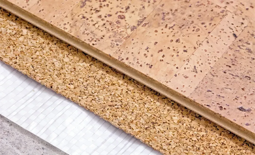 Eine Nahaufnahme von drei übereinander gestapelten Korkbodenstücken.