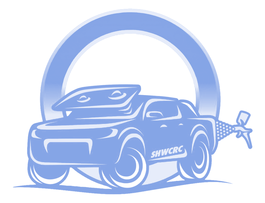 Light blue cartoon car with open hood inside a blue circle; 