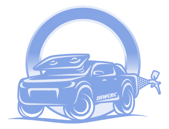 Light blue cartoon car with open hood inside a blue circle; 