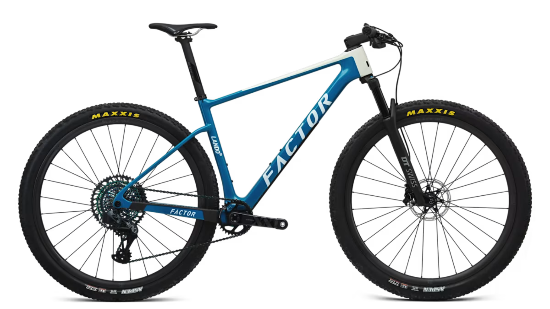 Blue and white Factor bike on a white background, black wheels, Maxxis tires.
