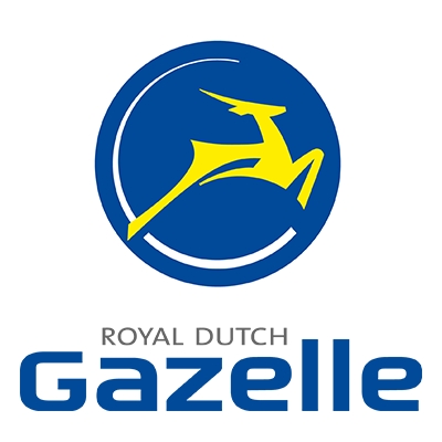 Logo for Royal Dutch Gazelle. A yellow gazelle leaping inside a blue circle with a white outline; text below reads 