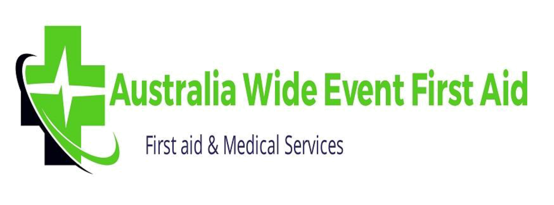 Logo for Australia Wide Event First Aid: a green cross with a white line through it, and text.