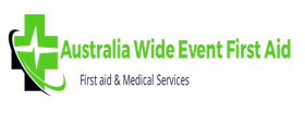 Logo for Australia Wide Event First Aid: a green cross with a white line through it, and text.