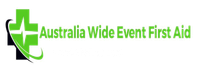 Logo for Australia Wide Event First Aid: green cross with a curve, and company name.