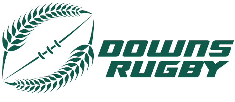 Logo for Downs Rugby, featuring a rugby ball shape framed by leaves, with "DOWNS RUGBY" text in green.
