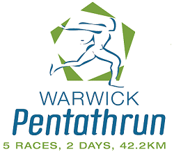 Logo for Warwick Pentathrun: runner silhouette in a green pentagon, blue text