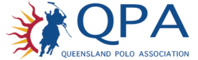 Logo of Queensland Polo Association: Blue letters QPA next to a polo player silhouette and sun, text below.