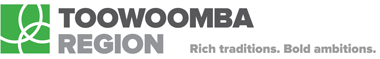 Logo for Toowoomba Region in grey text with a green graphic. "Rich traditions. Bold ambitions." below.