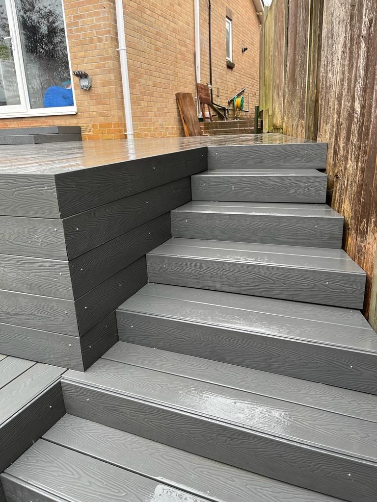 Decking Sheffield raised decking ideas using anthracite composite decking in Dore Sheffield