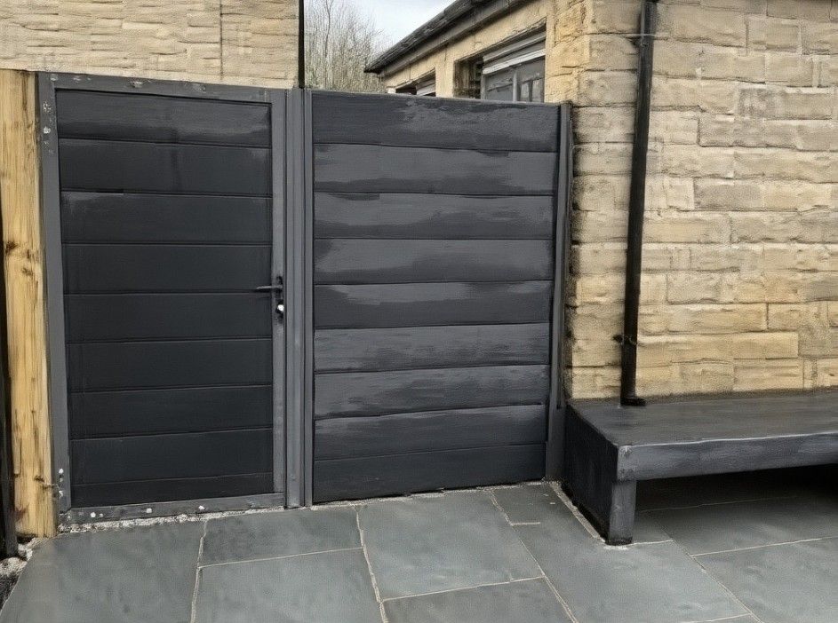 Decking Sheffield grey composite fencing installation with matching composite gate in Wadsley, Sheffield