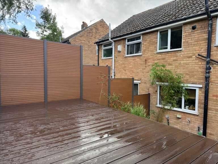 Decking Sheffield natural composite fencing installation with aluminium posts in Sheffield