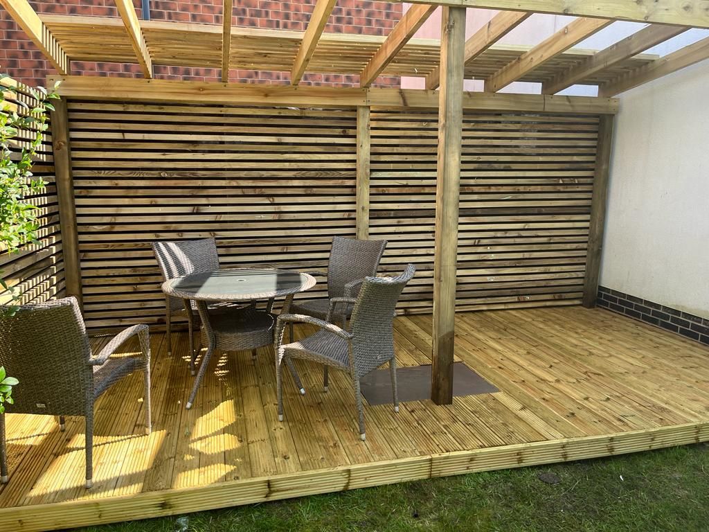 Decking Sheffield garden decking design idea to fit within a pergola