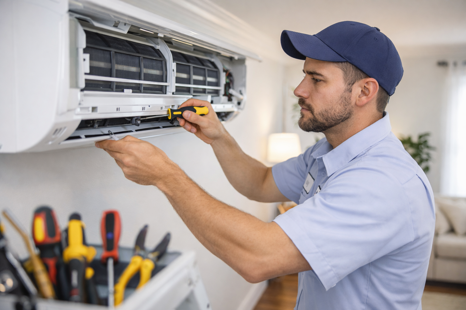 A technician in a blue uniform uses a screwdriver to service a wall-mounted air conditioning unit.