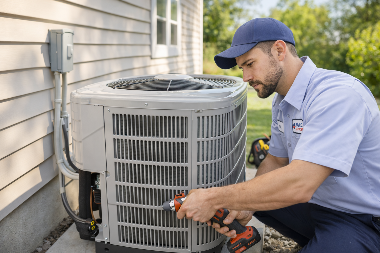 Technician in a blue shirt and cap uses a power drill to service an outdoor air conditioning unit by a house wall.