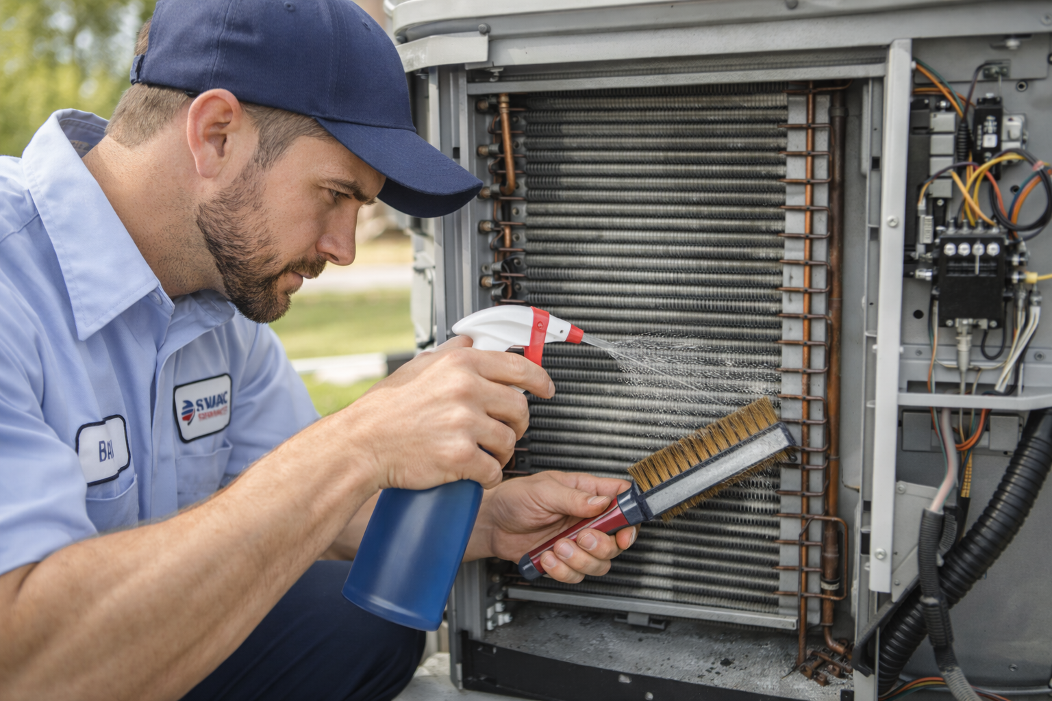 A technician in a blue uniform sprays and brushes an outdoor air conditioning condenser coil.