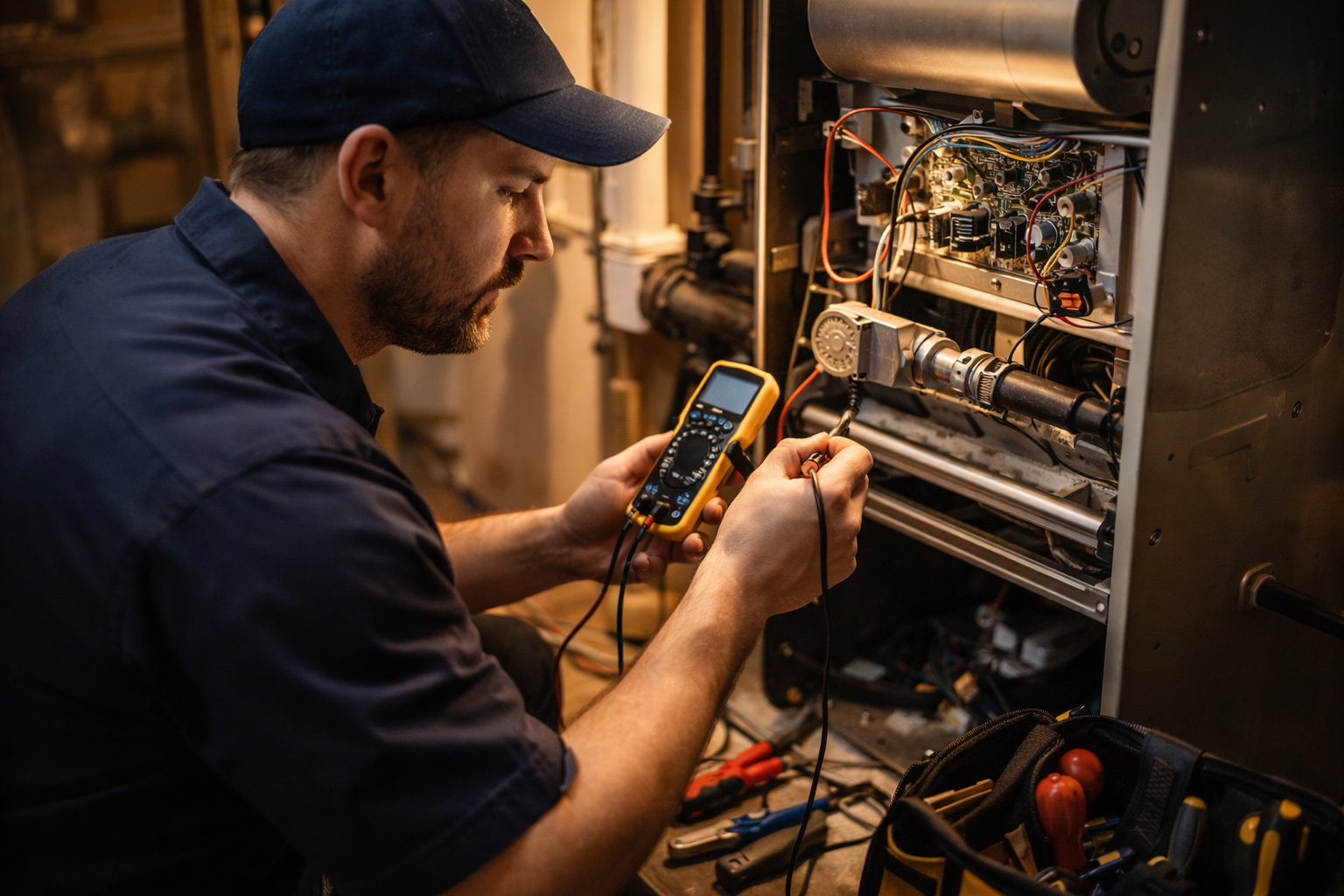A technician in a cap and uniform uses a multimeter to inspect the wiring of an open furnace in a dimly lit utility room.