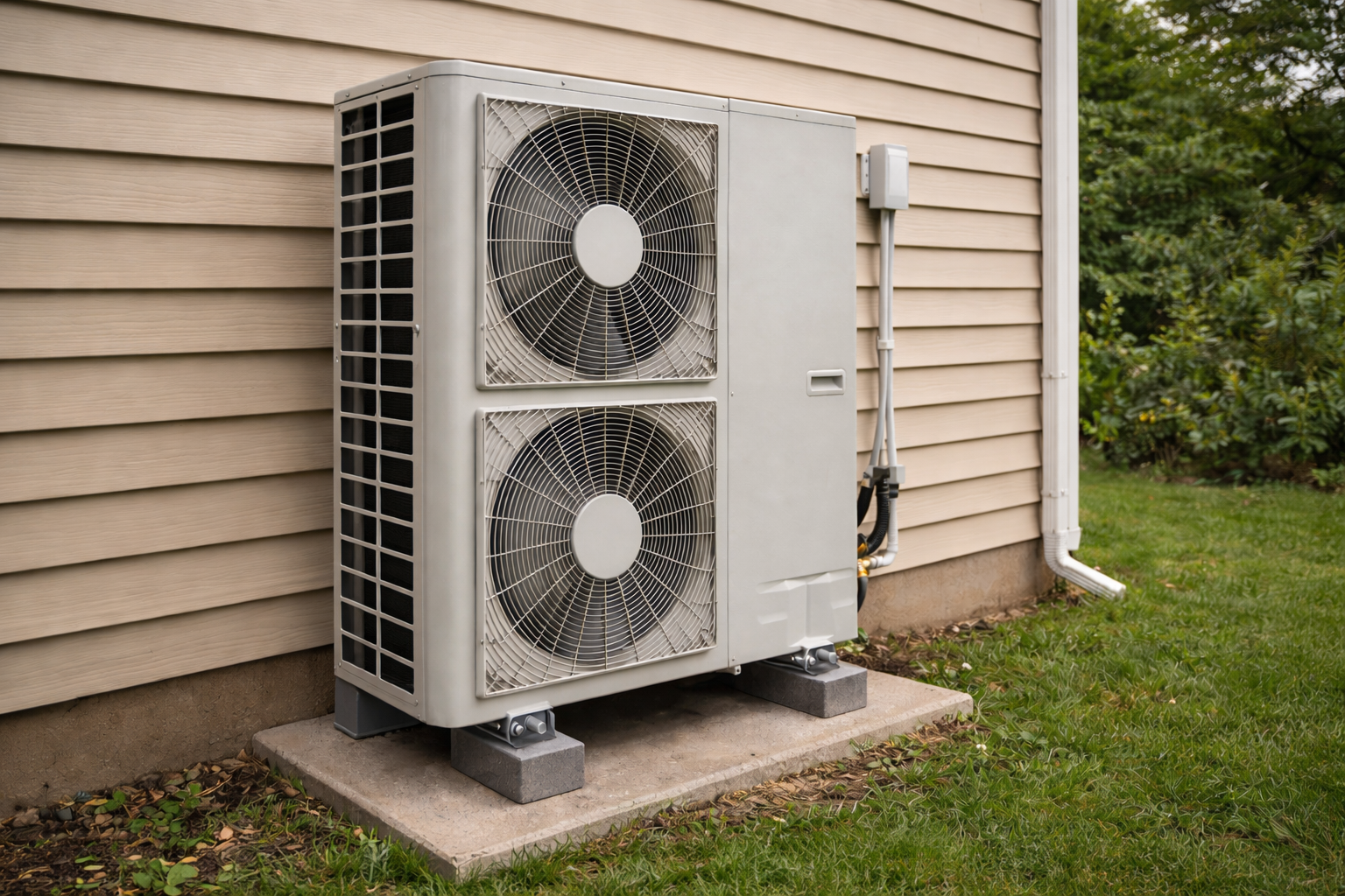 A dual-fan HVAC unit sits on a concrete pad against the light-colored, horizontal siding of a house exterior.