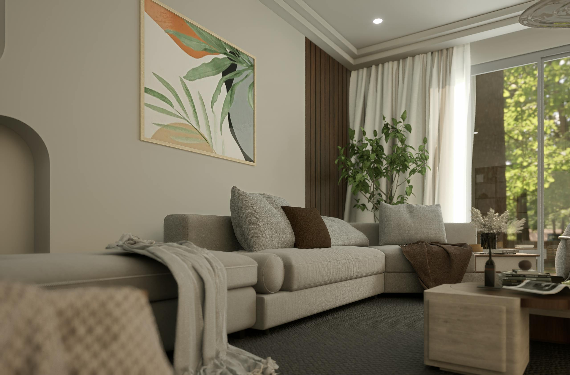 A modern, neutrally toned living room featuring a light beige sofa, a coffee table, a potted plant, and wall artwork.