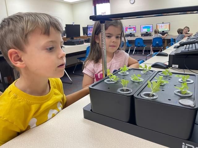 A boy and a girl are looking at plants in a classroom.
