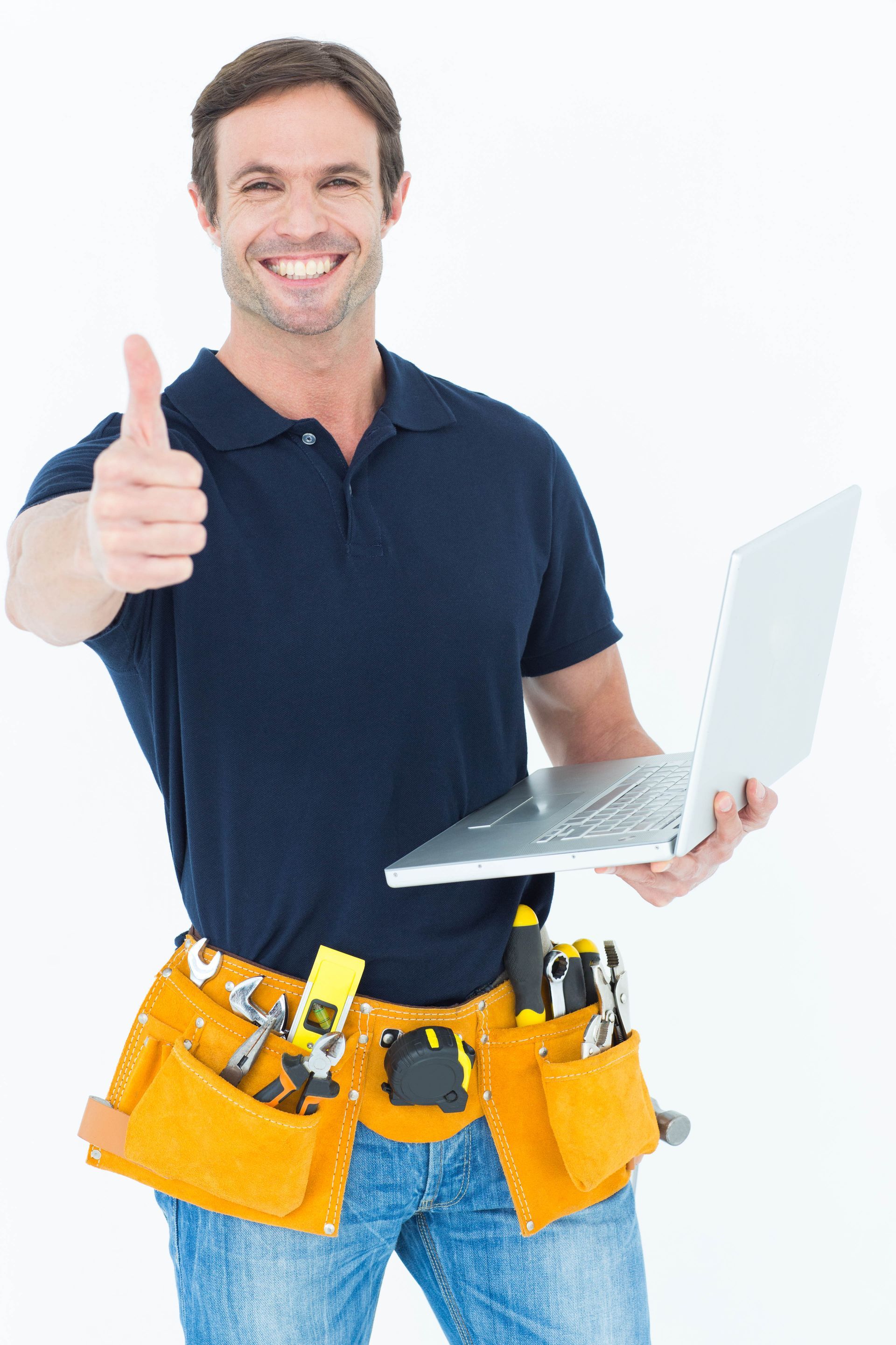 worker holding laptop while gesturing thumbs up