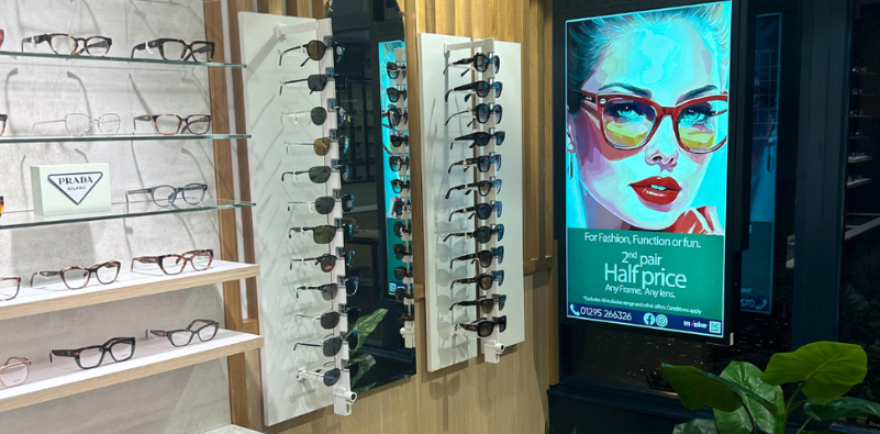 A sunglasses display at Harrold Opticians Banbury