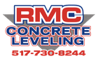Logo for RMC Concrete Leveling, red and blue text on white, phone number, gray triangle.