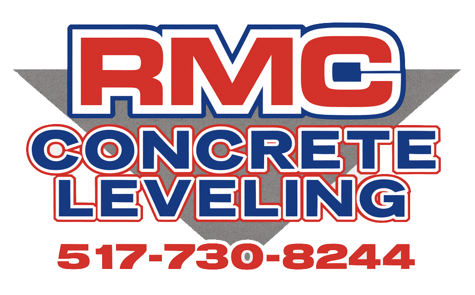 Logo for RMC Concrete Leveling, red and blue text on white, phone number, gray triangle.