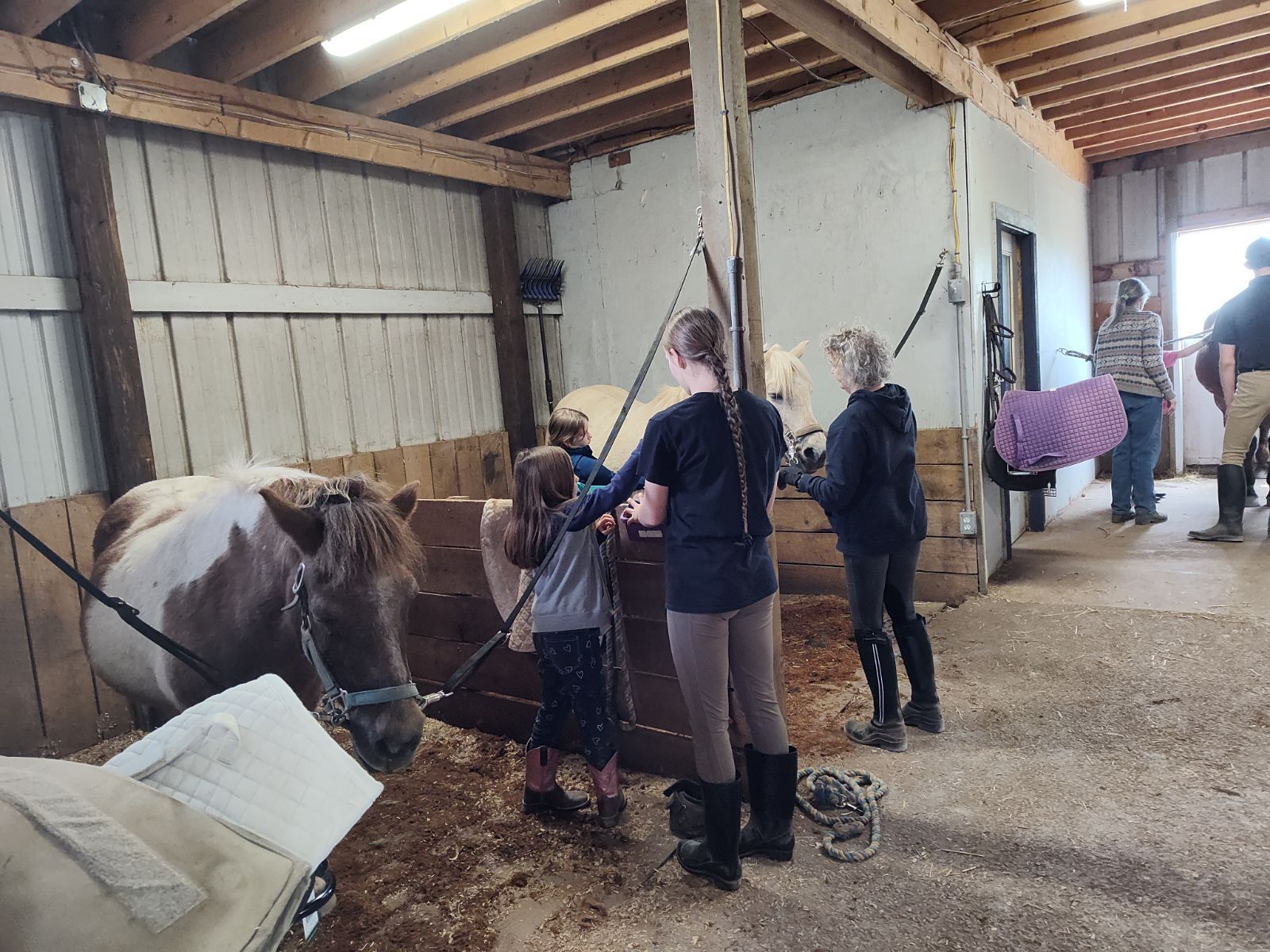 Children and adults grooming horses in the stable at Nickers Retreat.