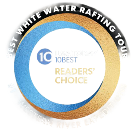 USA Today 10Best Readers' Choice award: Best White Water Rafting Tour. Blue and gold circular logo.