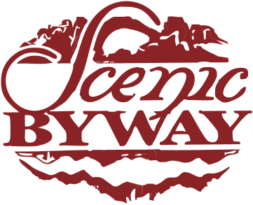 Scenic byway icon with text and line art of arches and canyons.