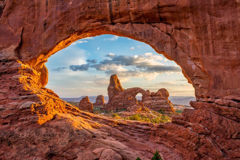 Looking through North Window Arch in Arches National Park at Turret Arch in the distance.