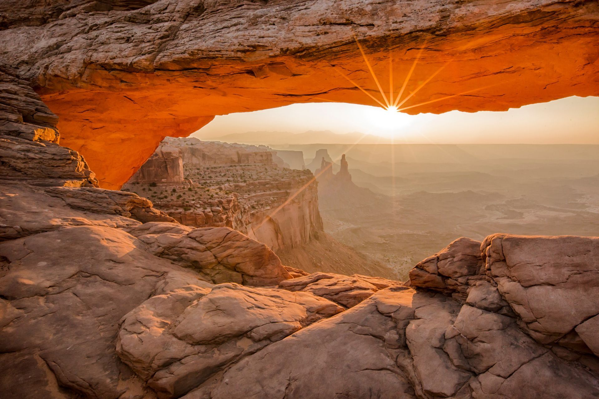 Mesa Arch in Canyonlands National Park at sunrise.