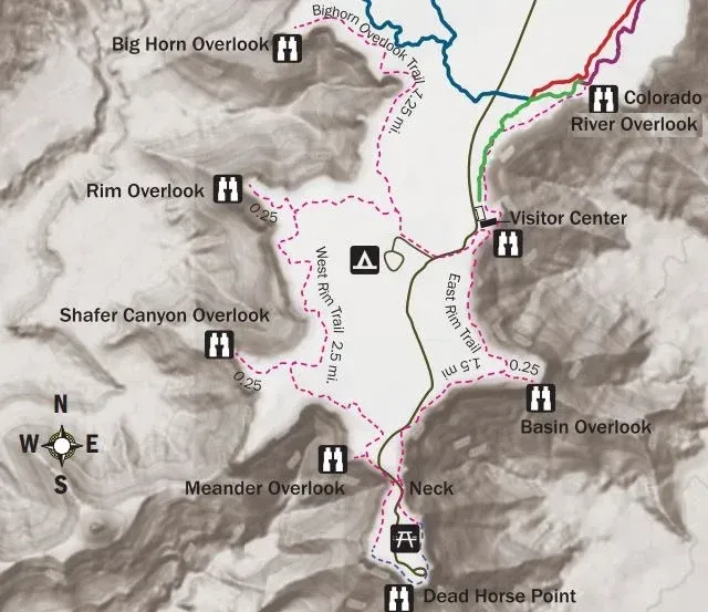 Map of Dead Horse Point State Park with trails and overlooks.